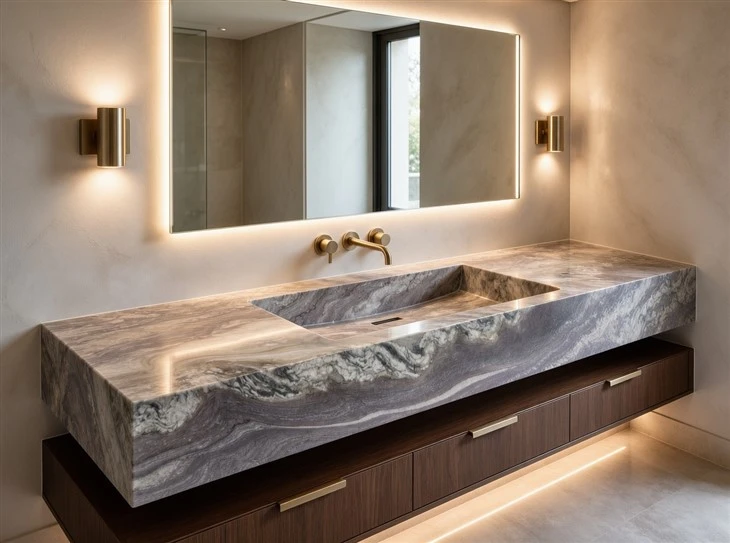 Aquarella Quartzite bathroom vanity top with an integrated stone sink, thick mitred edge and flowing grey and cream veining