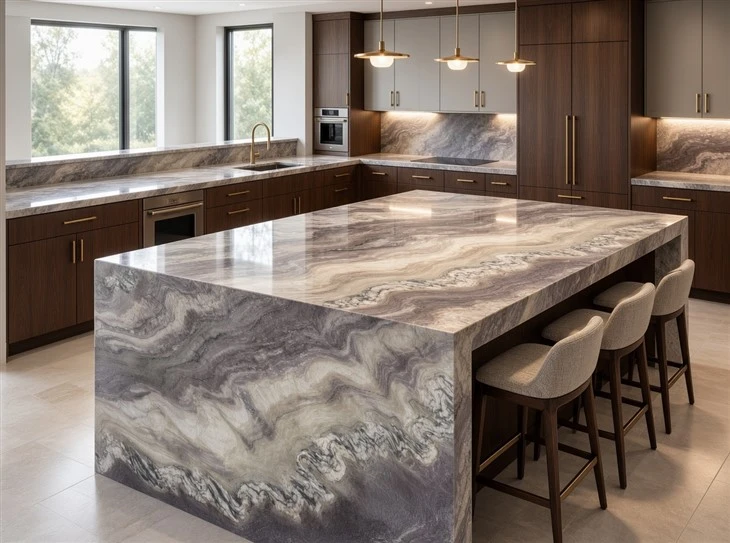 Aquarella Quartzite kitchen countertops and large waterfall island with flowing grey, taupe and cream veining in a luxury contemporary kitchen