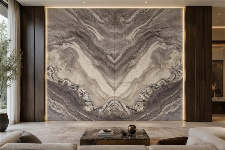 Two-panel book-matched Aquarella Quartzite feature wall with symmetrical grey, taupe and cream veining in a luxury contemporary living room