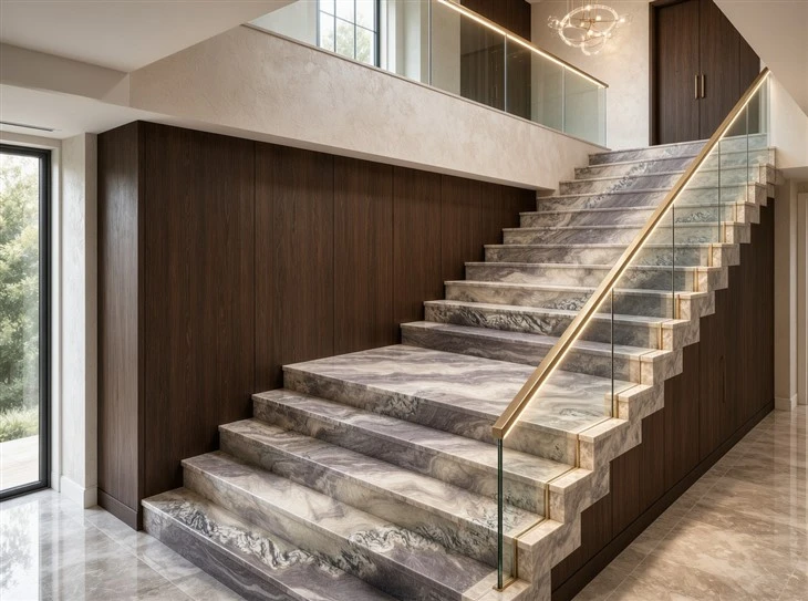 Aquarella Quartzite interior staircase with matching stone treads and risers, glass balustrades and warm brass handrails