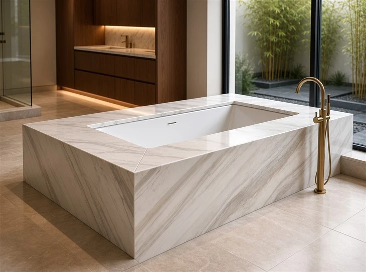 Ajax Marble bathtub deck with mitered edges, full-height stone panels, and a brass floor-mounted faucet in a luxury primary bathroom