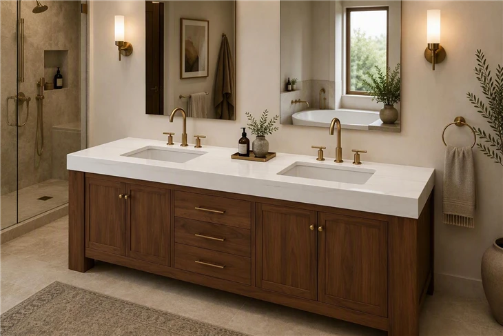 Bianco Dolomite marble double vanity top with two undermount sinks on a custom wood bathroom cabinet