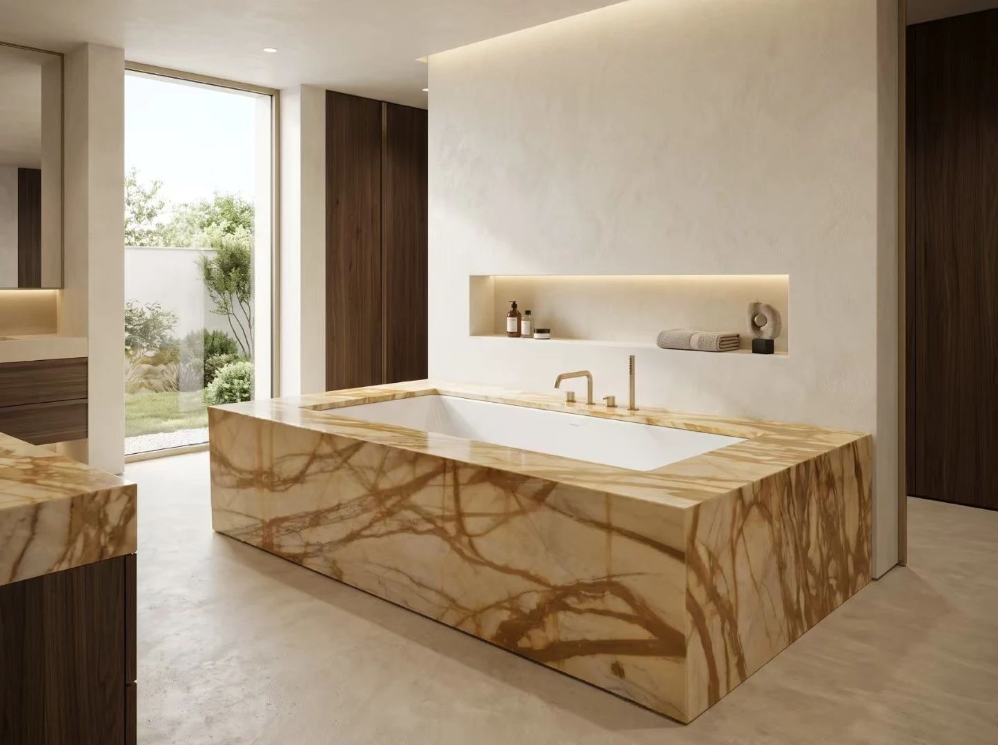 Giallo Siena Marble bathtub deck with mitered apron panels and a white soaking tub in a luxury primary bathroom Giallo Siena Marble bathtub deck with mitered apron panels and a white soaking tub in a luxury primary bathroom