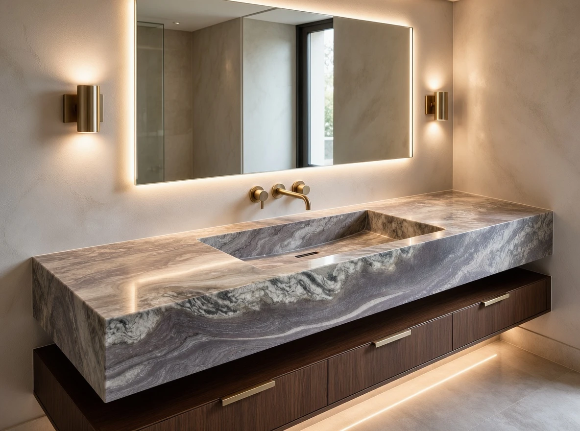 Aquarella Quartzite bathroom vanity top with an integrated stone sink, thick mitred edge and flowing grey and cream veining Aquarella Quartzite bathroom vanity top with an integrated stone sink, thick mitred edge and flowing grey and cream veining