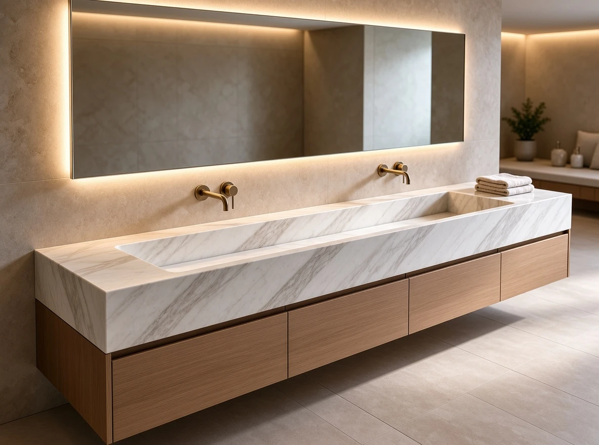 Ajax Marble bathroom vanity top with a double integrated trough sink, mitered edges, warm wood cabinetry, and wall-mounted brass faucets Ajax Marble bathroom vanity top with a double integrated trough sink, mitered edges, warm wood cabinetry, and wall-mounted brass faucets